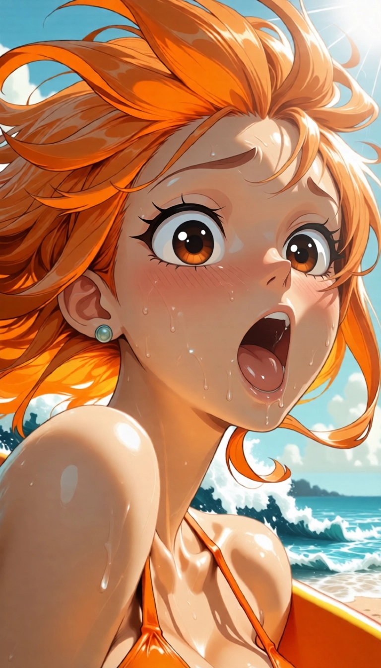 1girl, nami (one piece), orange hair, solo, open mouth, earrings