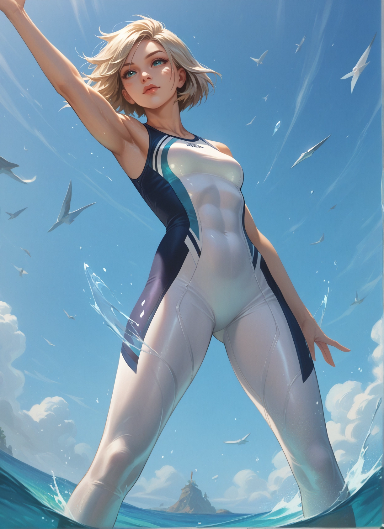 1girl, short hair, sky, breasts, solo, blue eyes · Yamete.gg