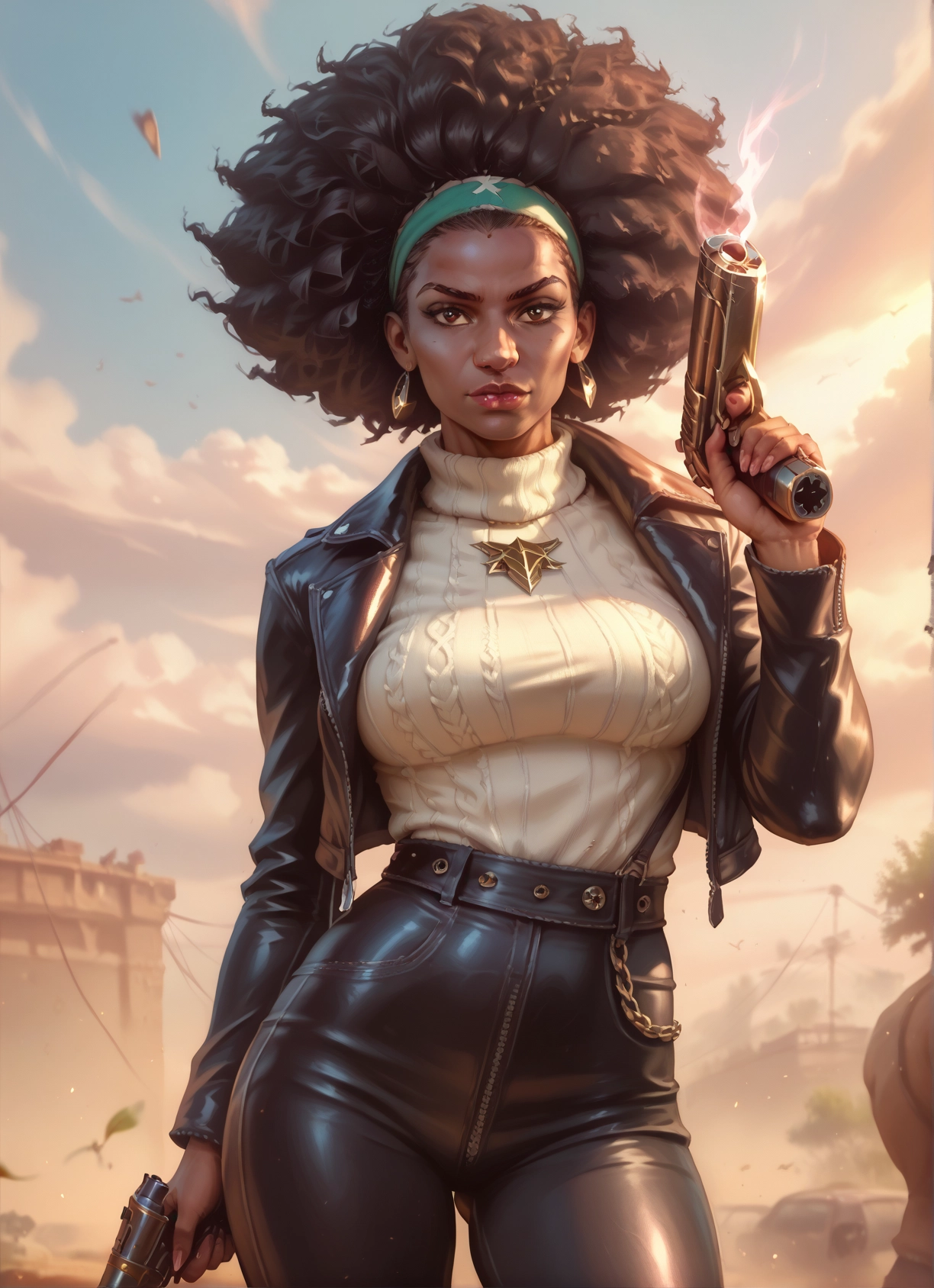 weapon, 1girl, gun, jewelry, jacket, earrings · Yamete.gg