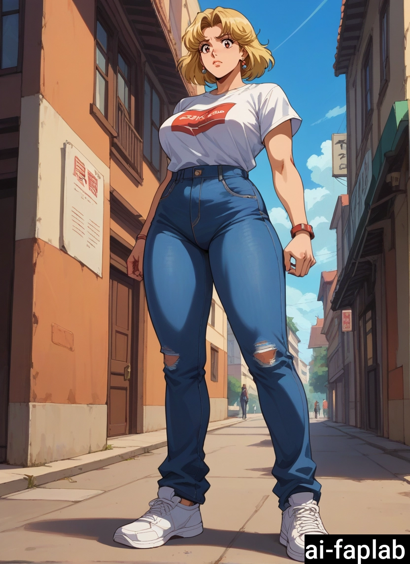 1girl, blonde hair, denim, pants, breasts, solo · Yamete.gg