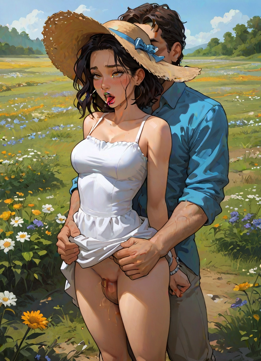 1girl, 1boy, outdoors, dress, hat, hetero · Yamete.gg