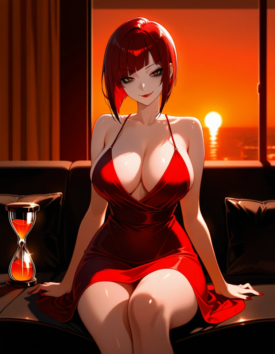 1girl, breasts, red dress, dress, red hair, red nails · Yamete.gg