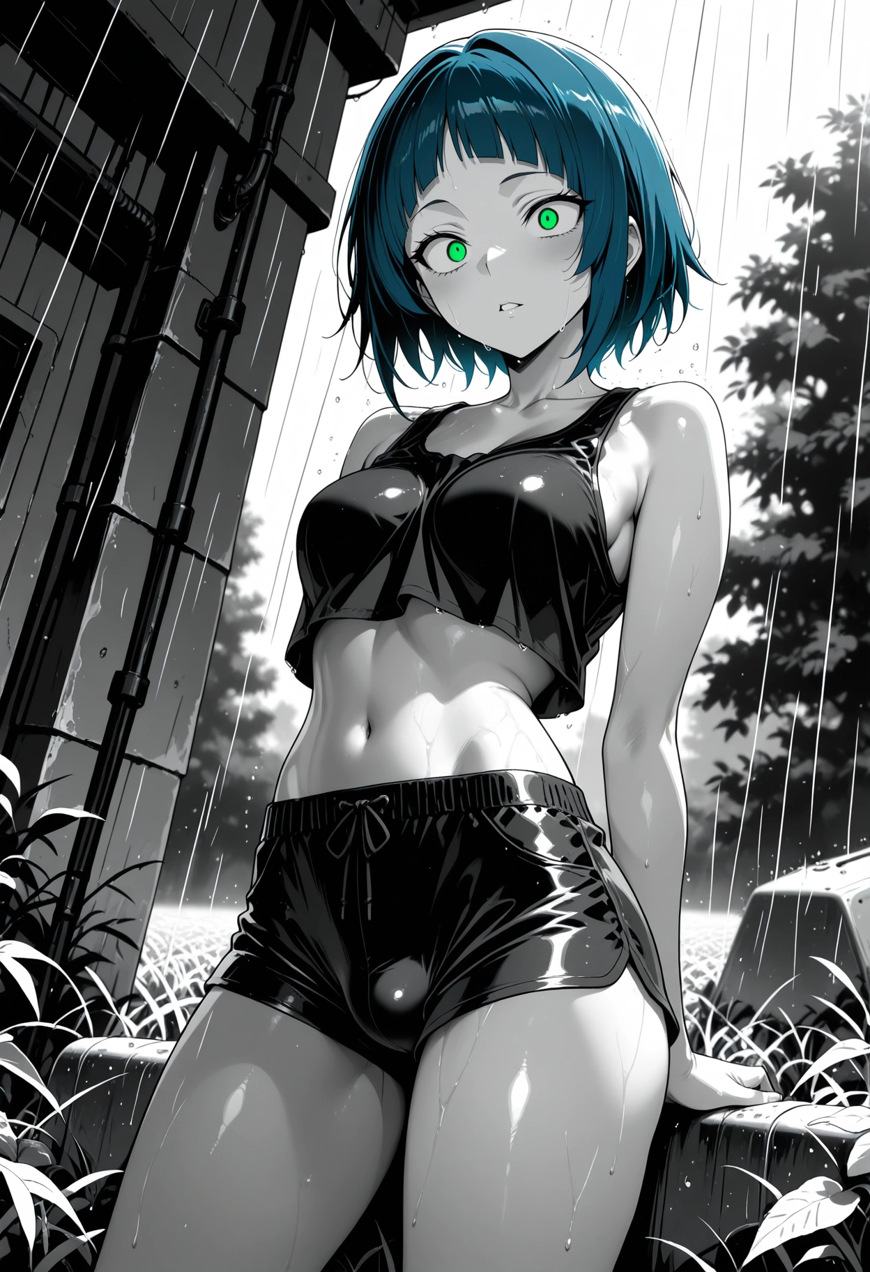 futanari, green eyes, solo, blue hair, short hair, shorts · Yamete.gg