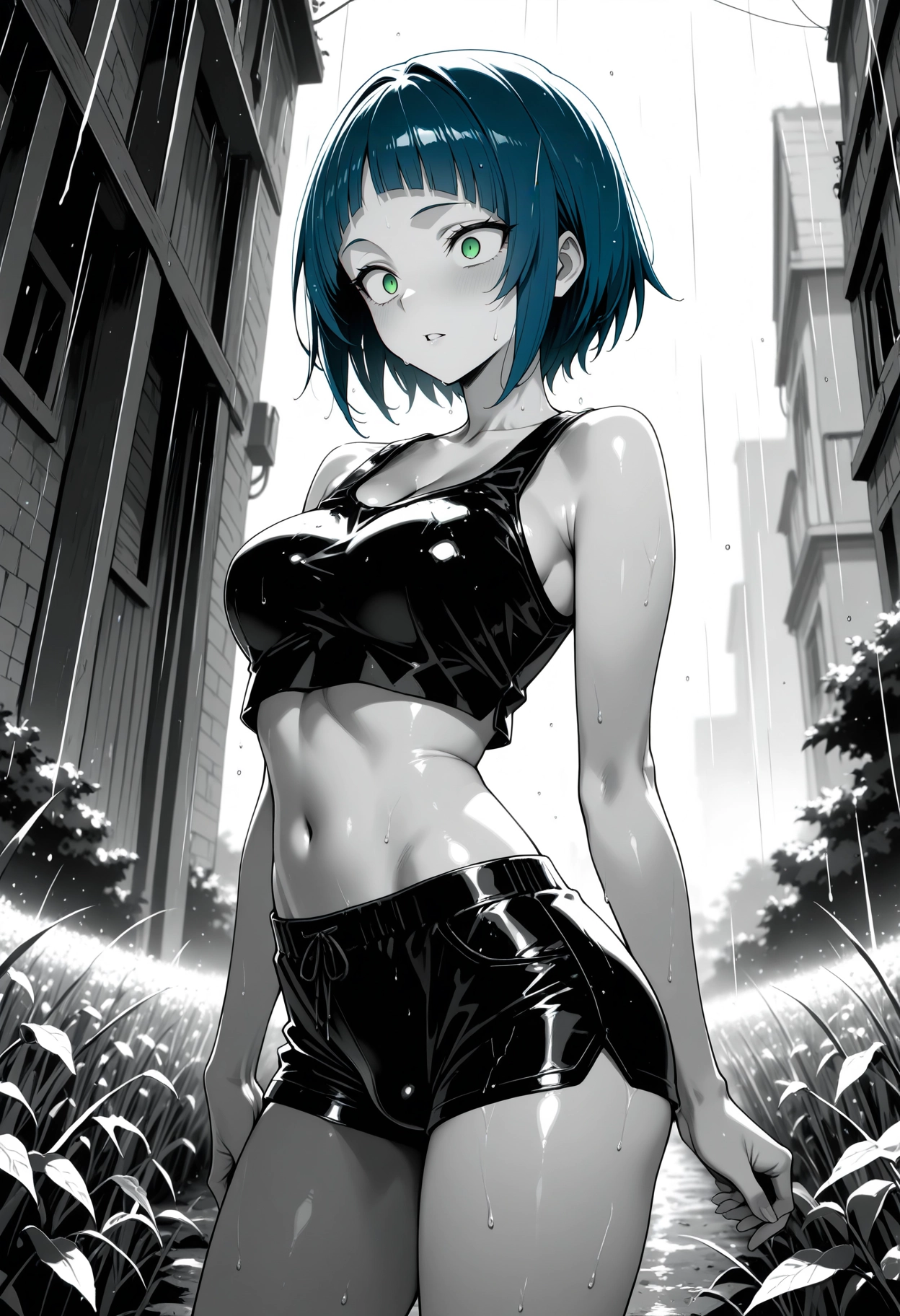 green eyes, 1girl, short hair, blue hair, solo, breasts · Yamete.gg