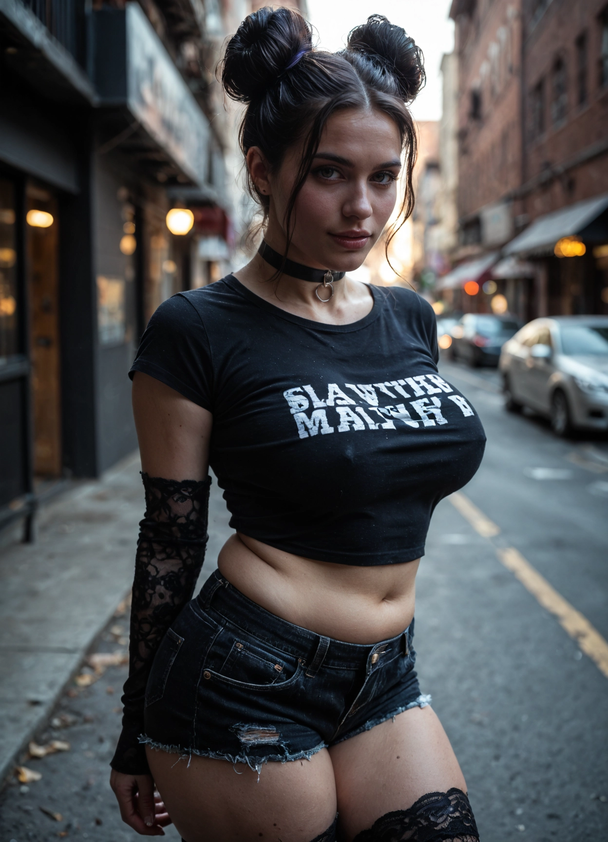 1girl, shorts, double bun, breasts, choker, hair bun · Yamete.gg