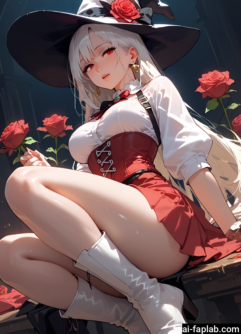 1girl, hat, red eyes, flower, witch hat, breasts