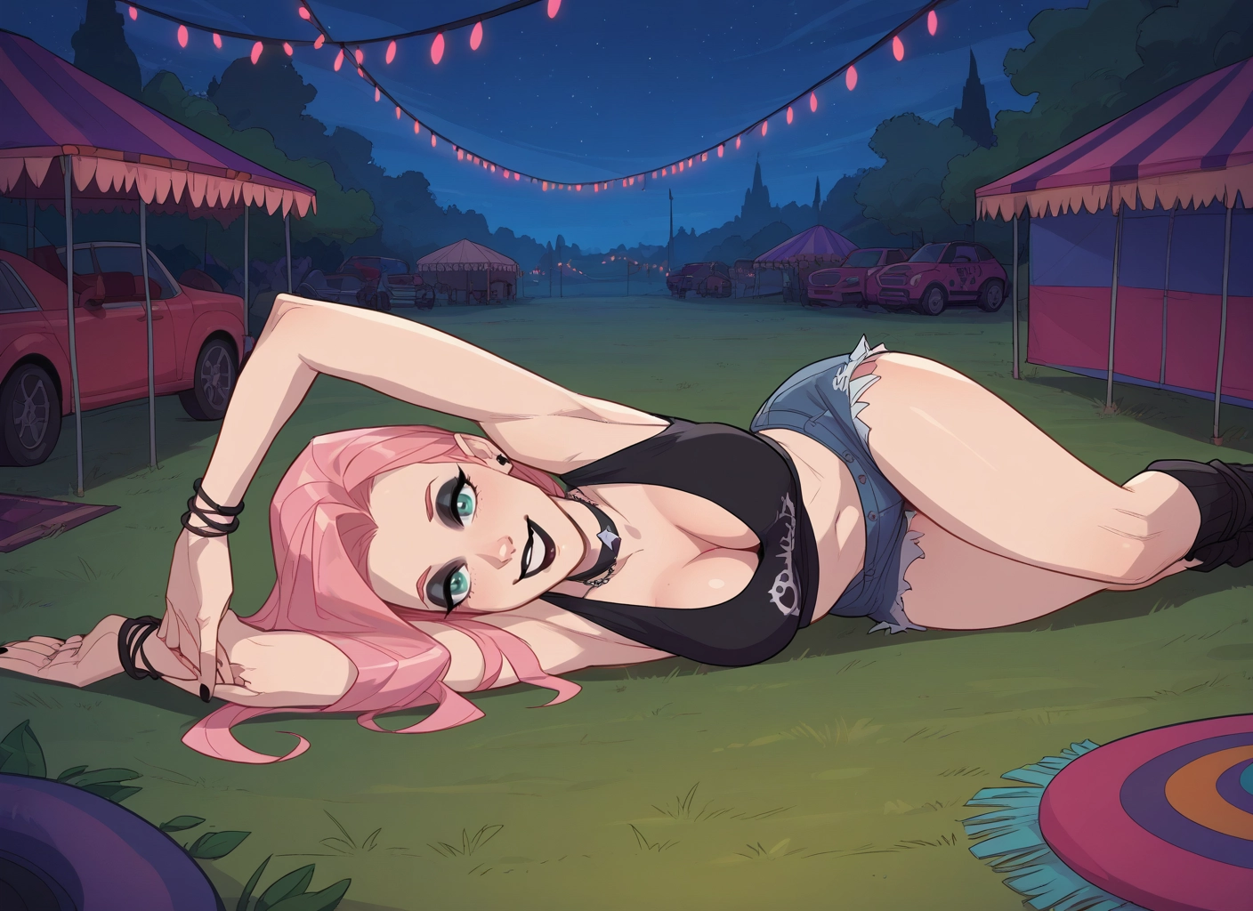 1girl, breasts, pink hair, shorts, motor vehicle, jewelry · Yamete.gg