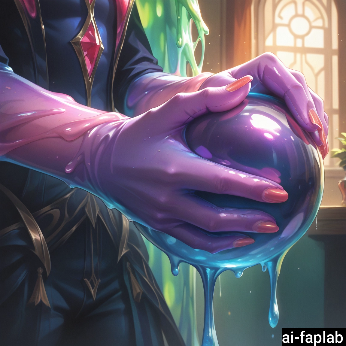 slime girl, window, 1girl, indoors, solo, colored skin · Yamete.gg