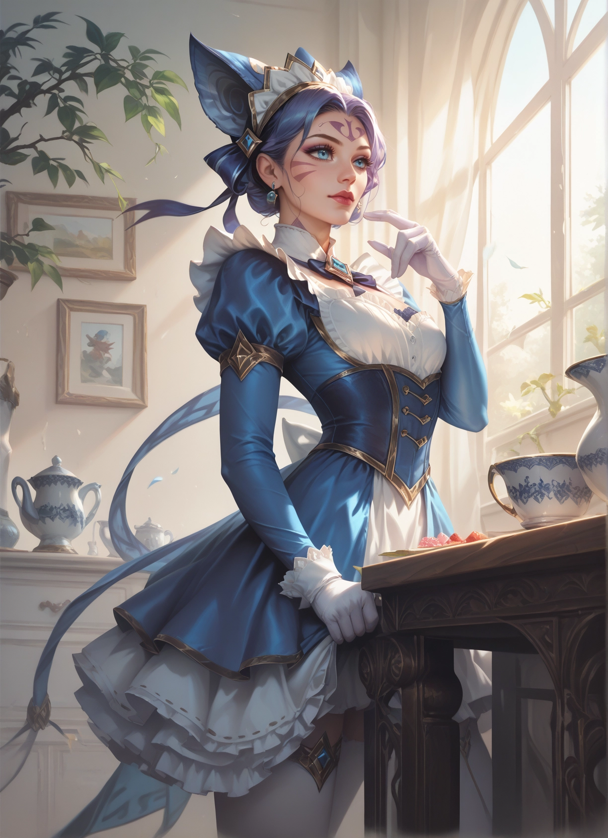 1girl, gloves, solo, jewelry, blue eyes, facial mark · Yamete.gg