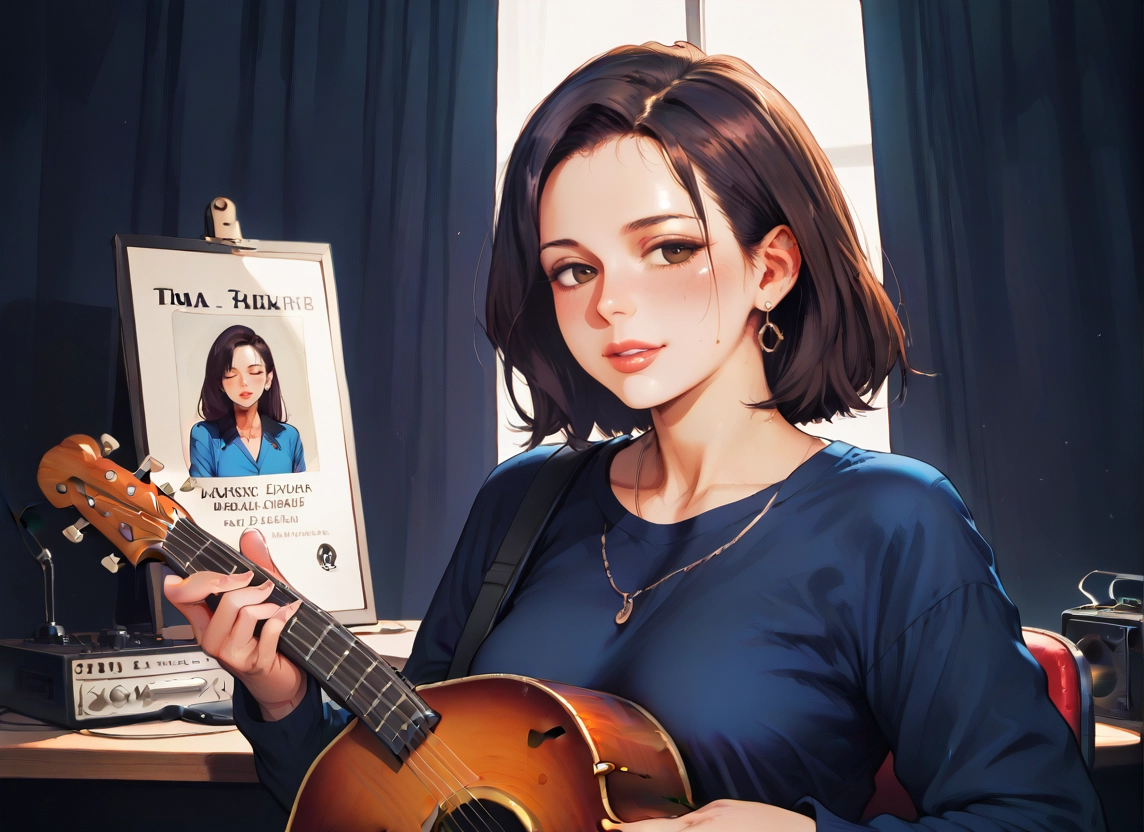 1girl, instrument, jewelry, earrings, brown hair, brown eyes · Yamete.gg