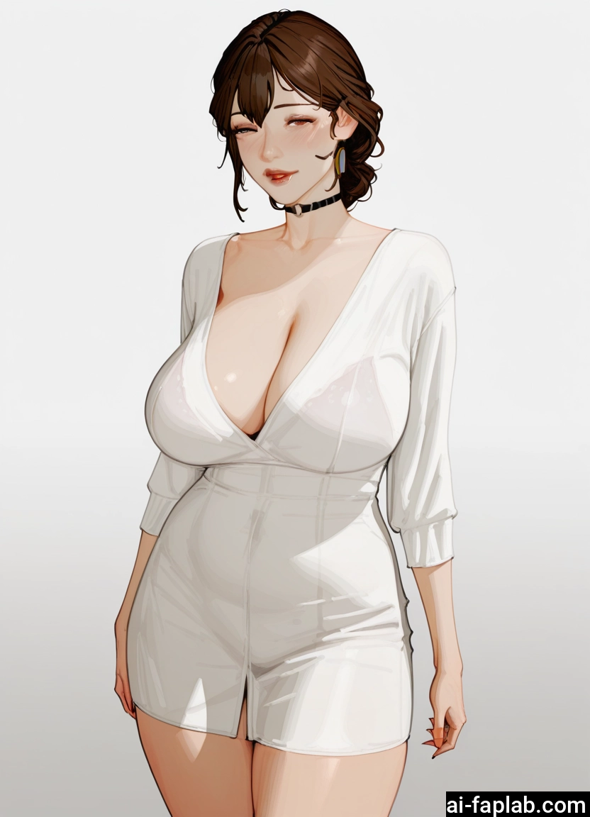breasts, 1girl, brown hair, cleavage, jewelry, earrings · Yamete.gg