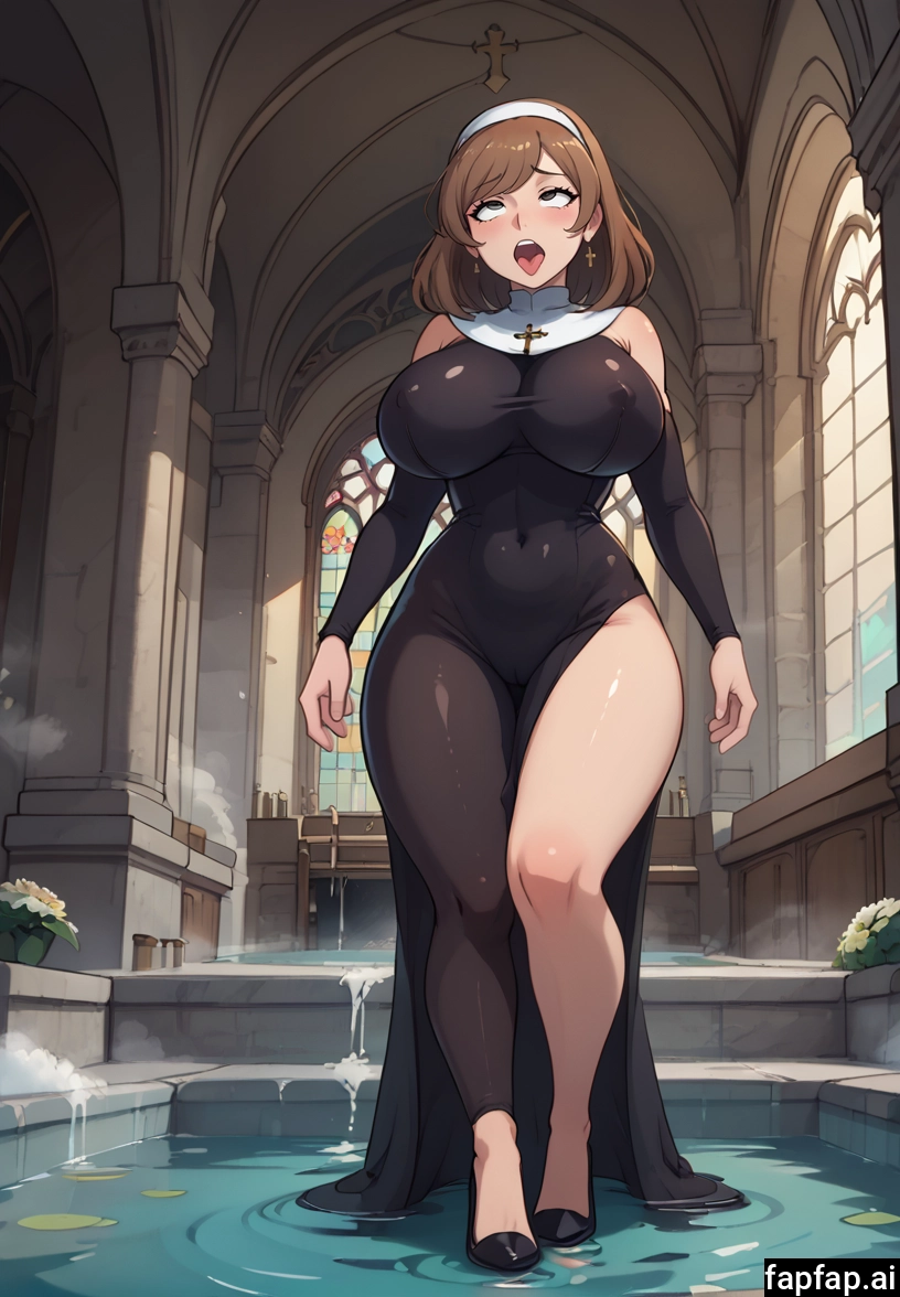 1girl, breasts, church, brown hair, curvy, solo · Yamete.gg