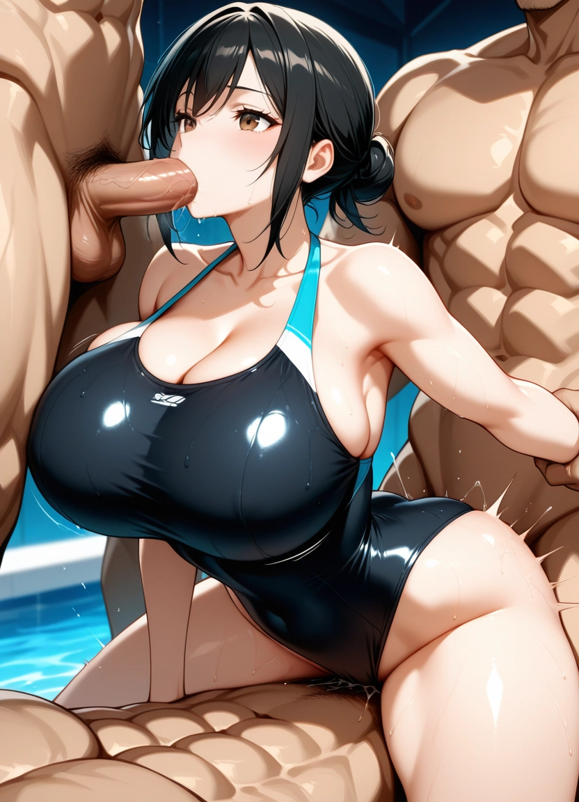 1girl, breasts, one-piece swimsuit, oral, fellatio, group sex · Yamete.gg