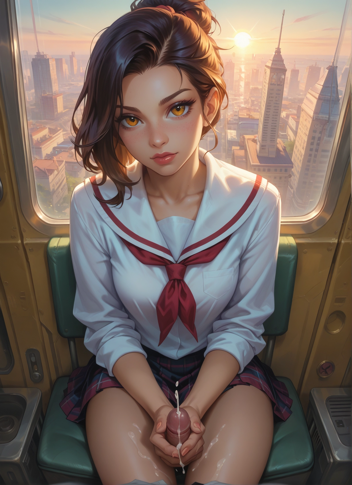 1girl, hetero, penis, school uniform, looking at viewer, handjob