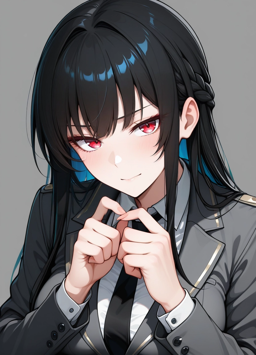 1girl, solo, red eyes, black hair, looking at viewer, necktie · Yamete.gg