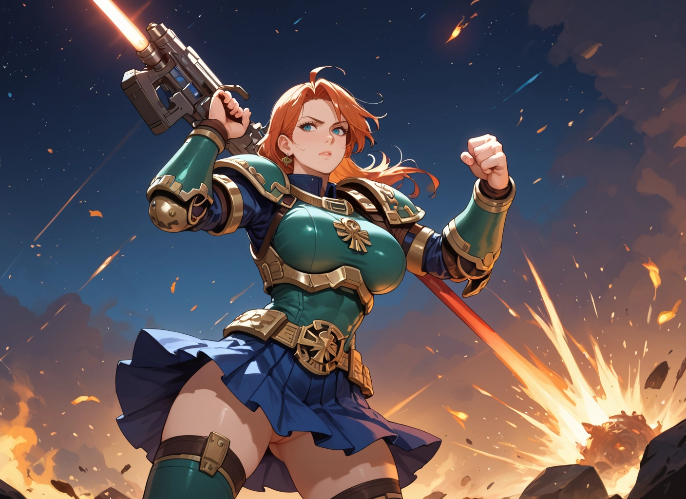 1girl, weapon, skirt, sword, blue eyes, breasts · Yamete.gg