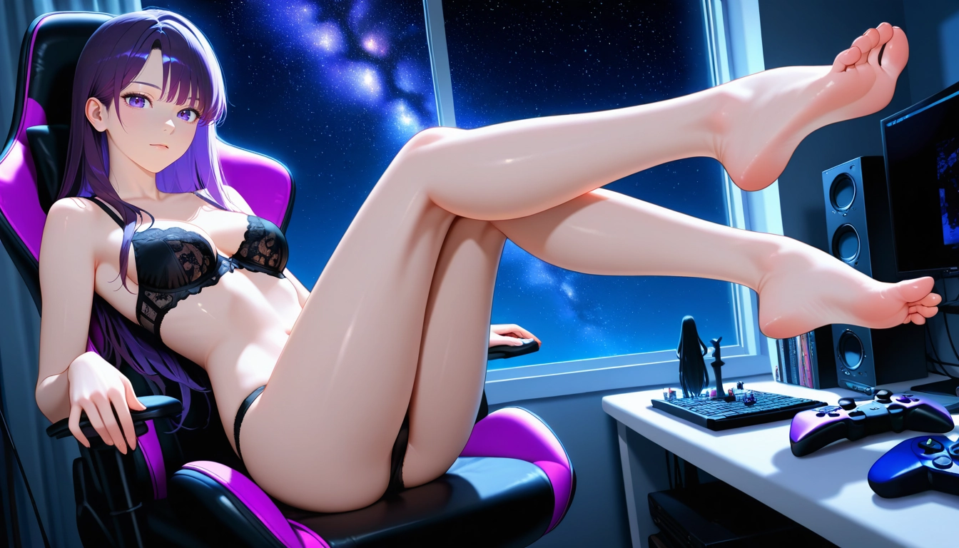 1girl, underwear, barefoot, bra, black panties, black bra · Yamete.gg