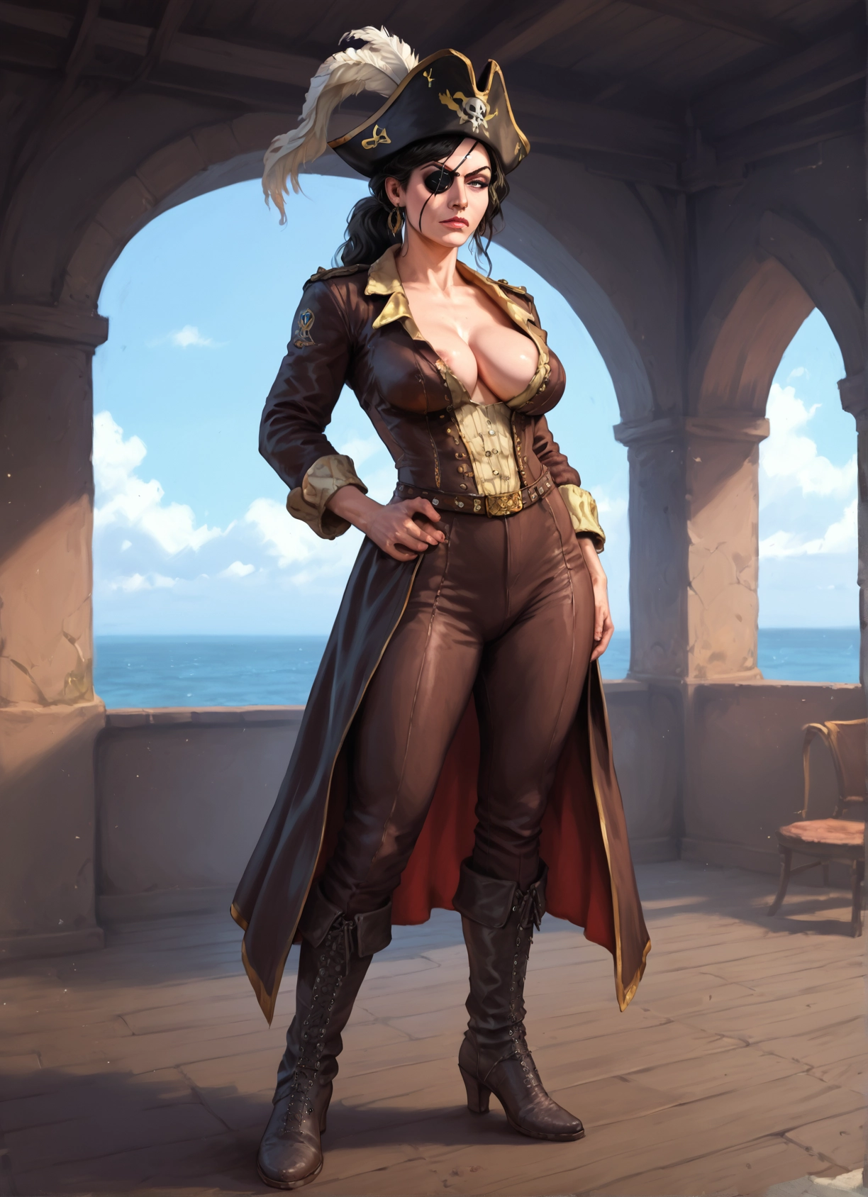 1girl, breasts, solo, hat, boots, eyepatch · Yamete.gg