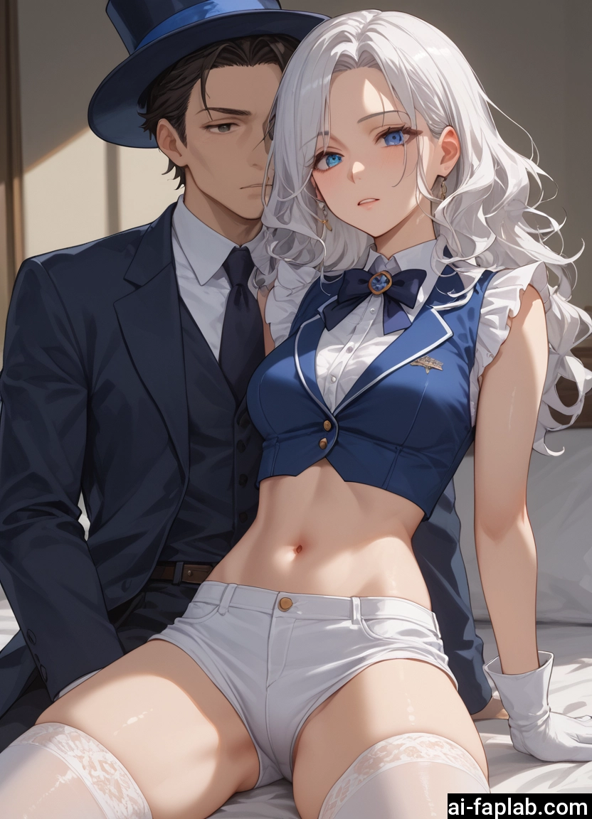 1girl, 1boy, shorts, thighhighs, navel, gloves