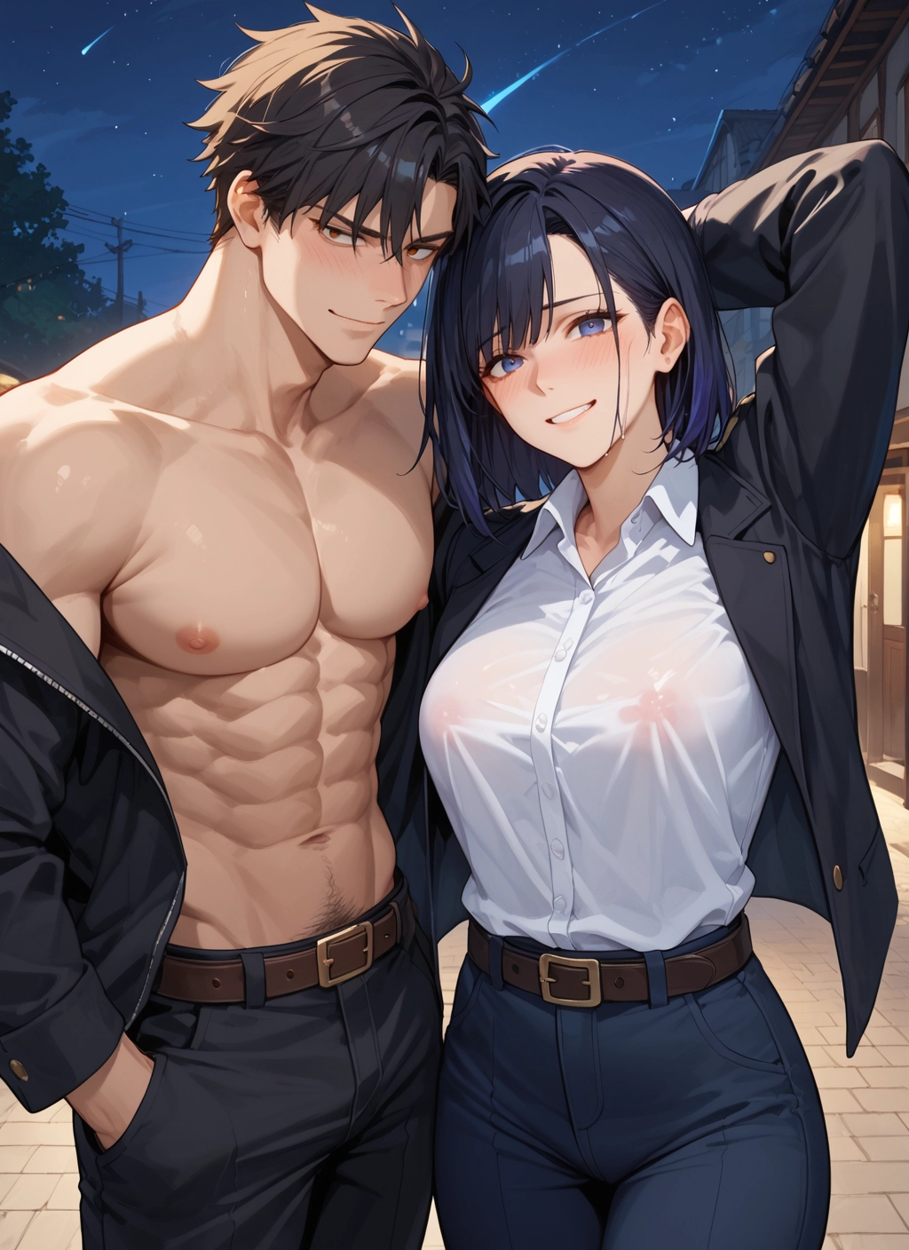 1girl, 1boy, shirt, pants, abs, breasts · Yamete.gg