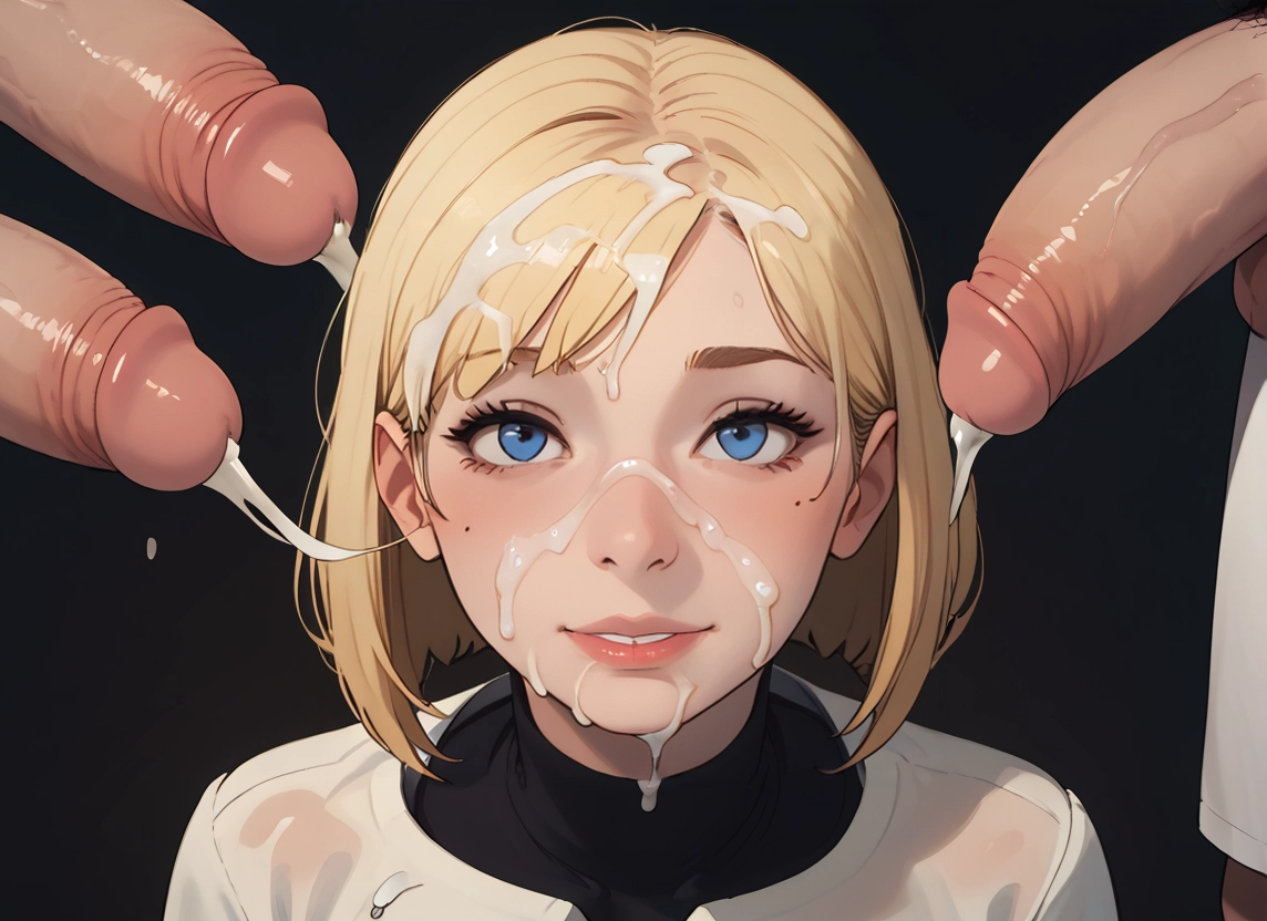 multiple boys, 1girl, penis, cum, uncensored, blonde hair