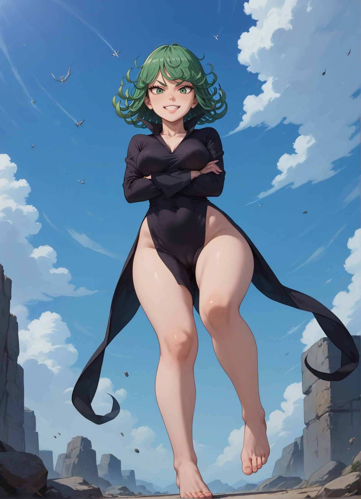 1girl, barefoot, green eyes, dress, green hair, breasts · Yamete.gg