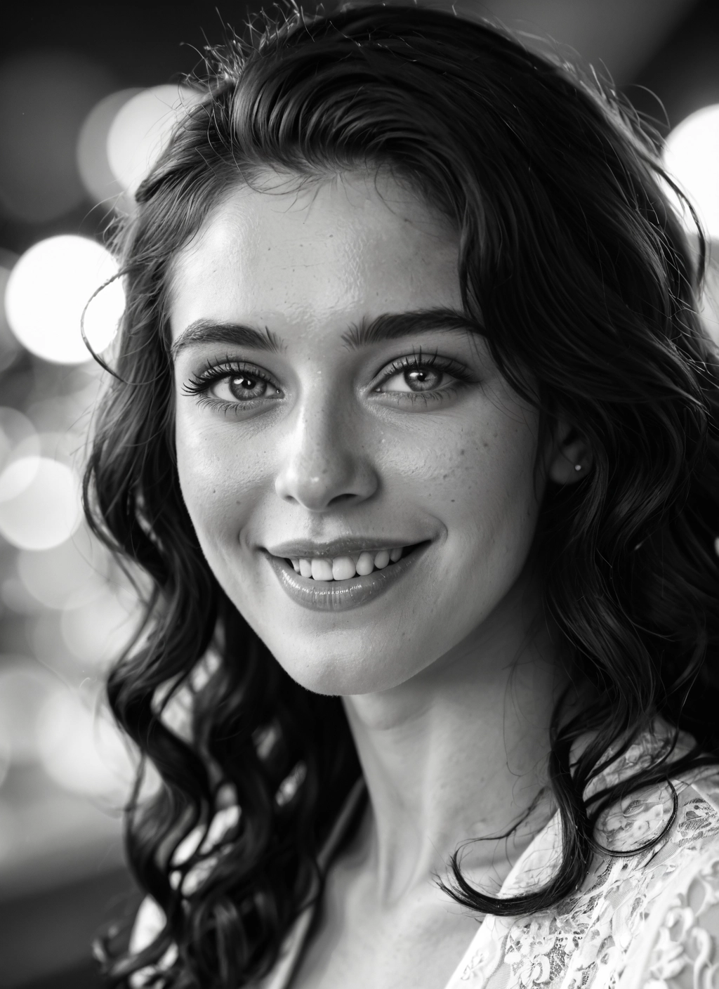 1girl, greyscale, monochrome, solo, smile, freckles · Yamete.gg