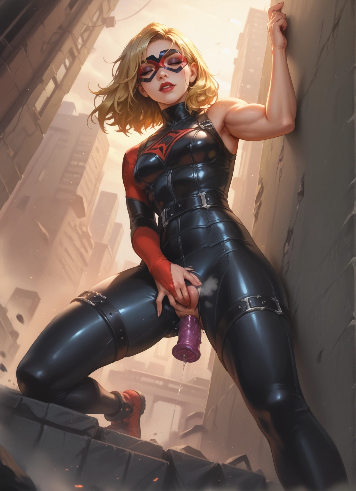 1girl, blonde hair, solo, sex toy, mask, object insertion · Yamete.gg