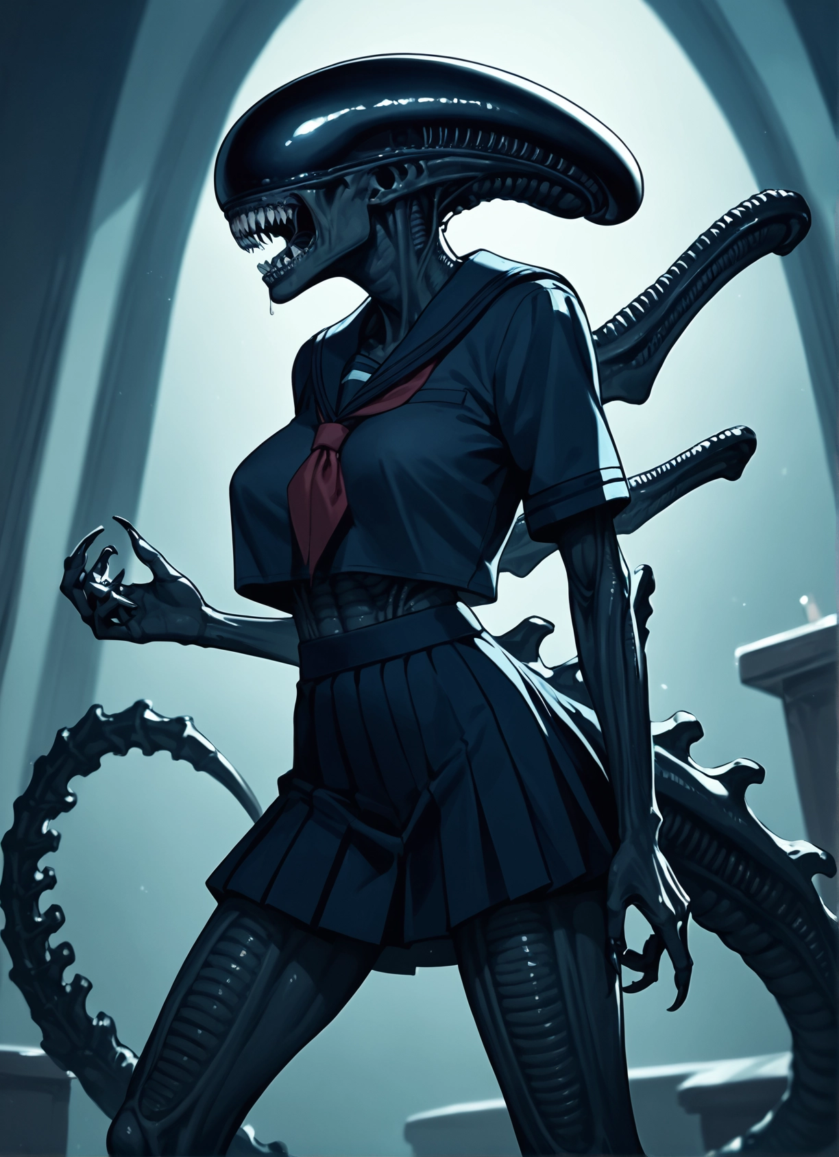 1girl, school uniform, skirt, serafuku, teeth, monster girl · Yamete.gg