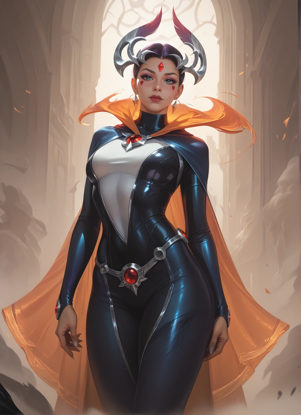 1girl, solo, cape, jewelry, bodysuit, facial mark · Yamete.gg