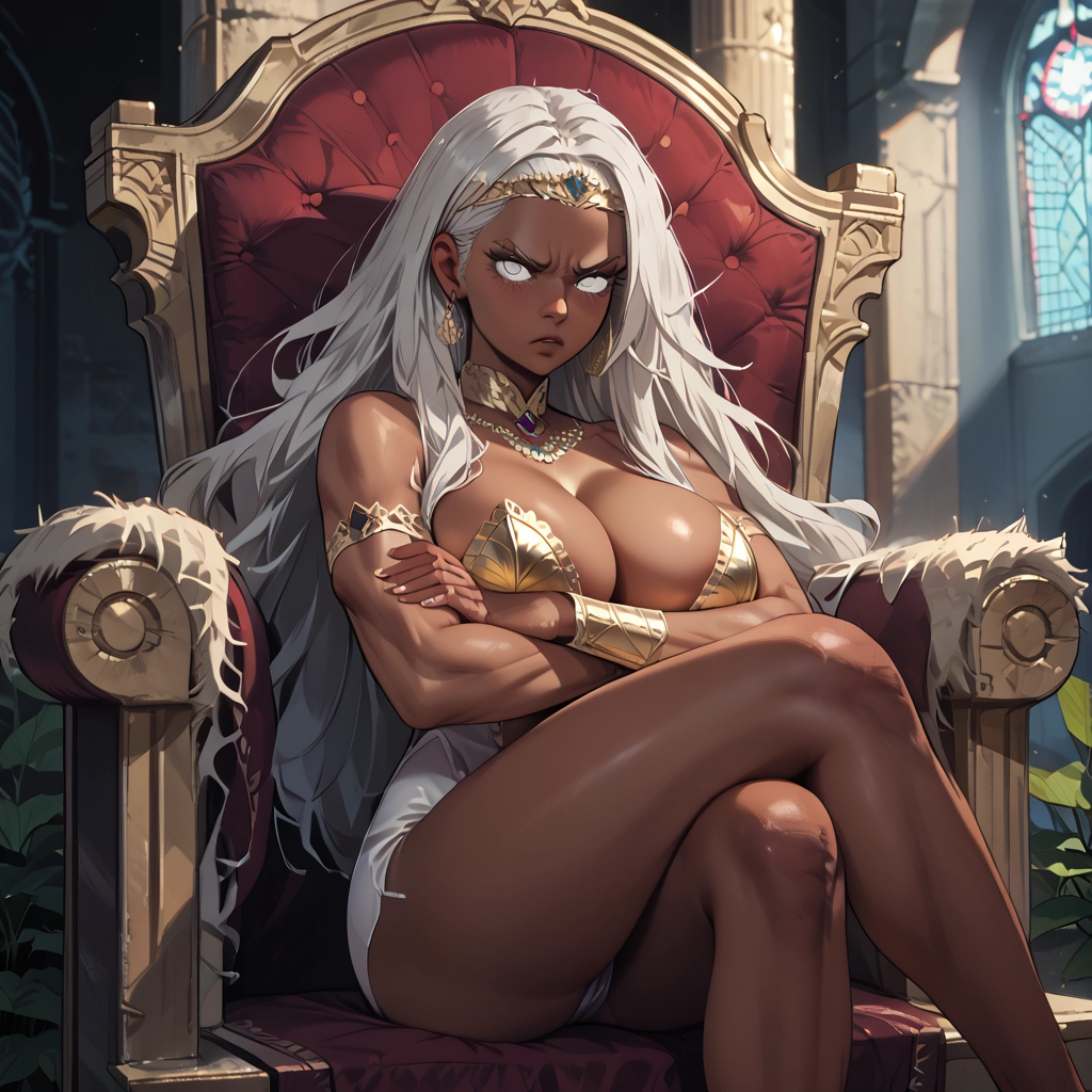 1girl, breasts, dark skin, long hair, jewelry, sitting