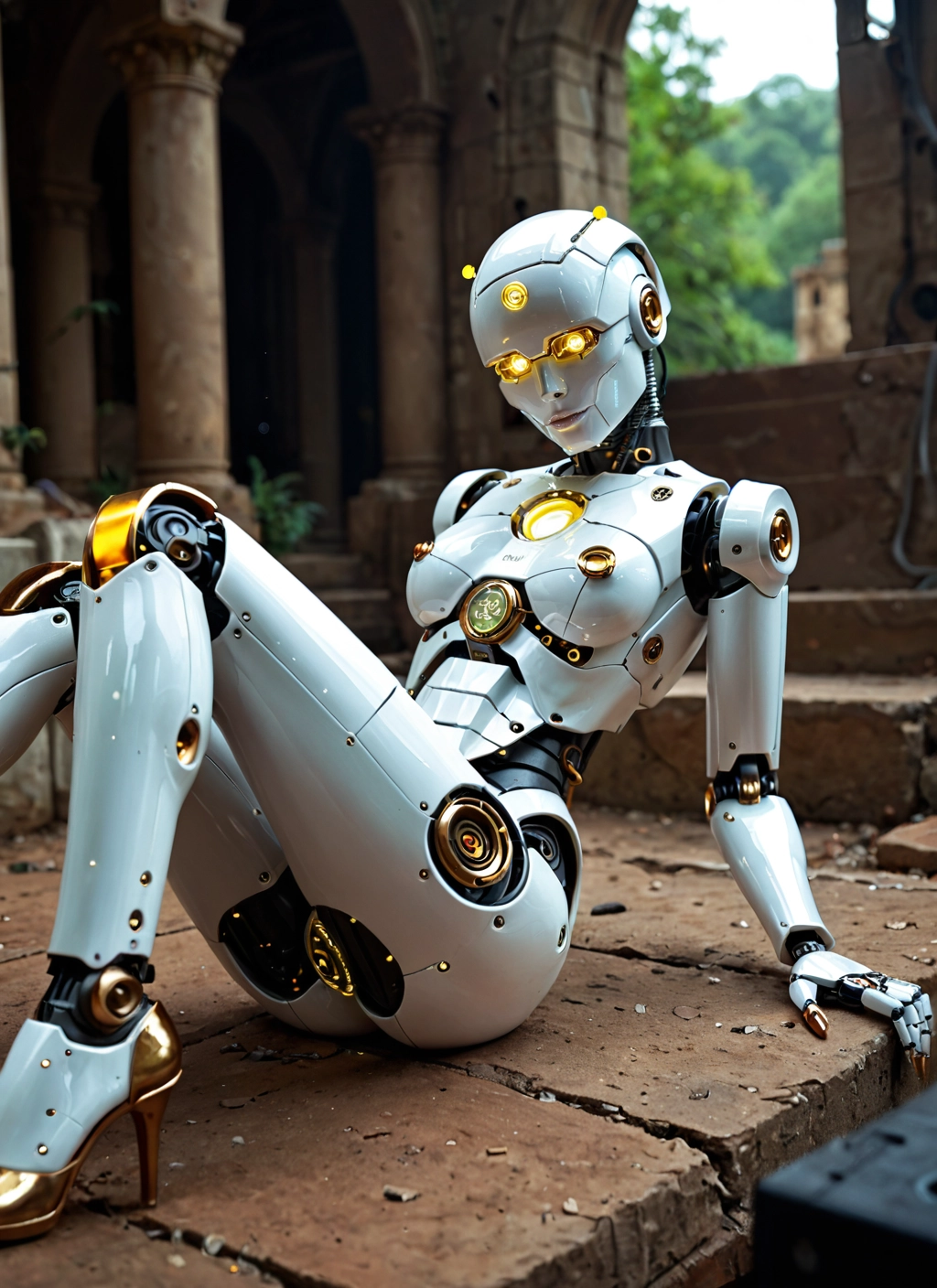 1girl, solo, sitting, robot, high heels, humanoid robot · Yamete.gg