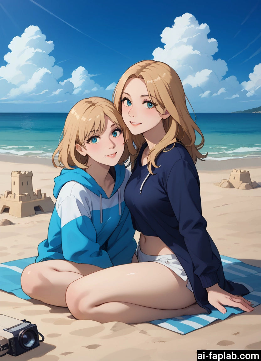 multiple girls, 2girls, beach, blue eyes, camera, sand castle