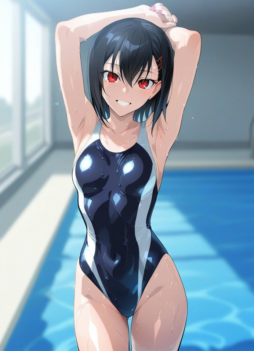 1girl, swimsuit, solo, one-piece swimsuit, black hair, red eyes · Yamete.gg