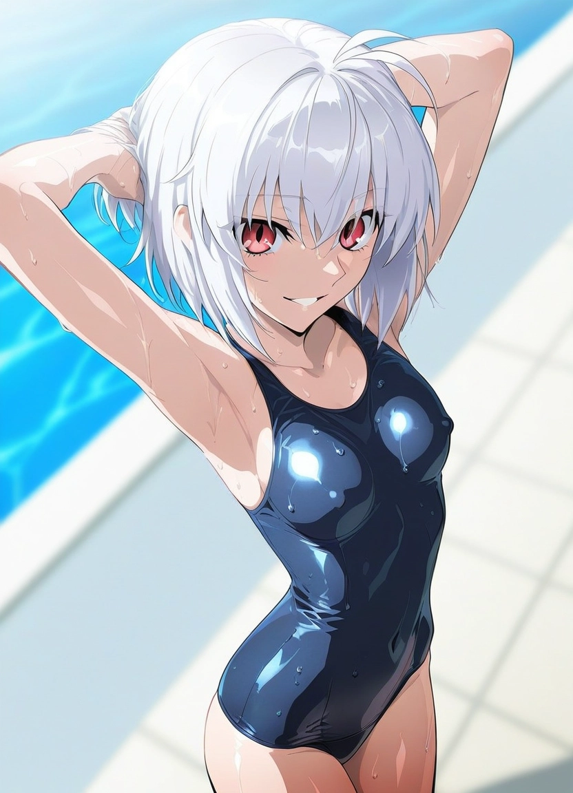 1girl, swimsuit, solo, breasts, red eyes, one-piece swimsuit · Yamete.gg
