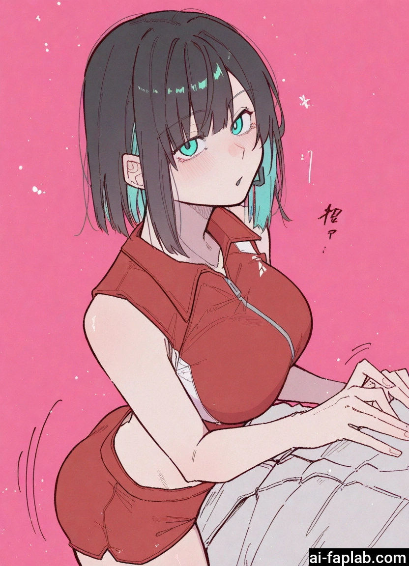 1girl, breasts, black hair, large breasts, shorts, multicolored hair