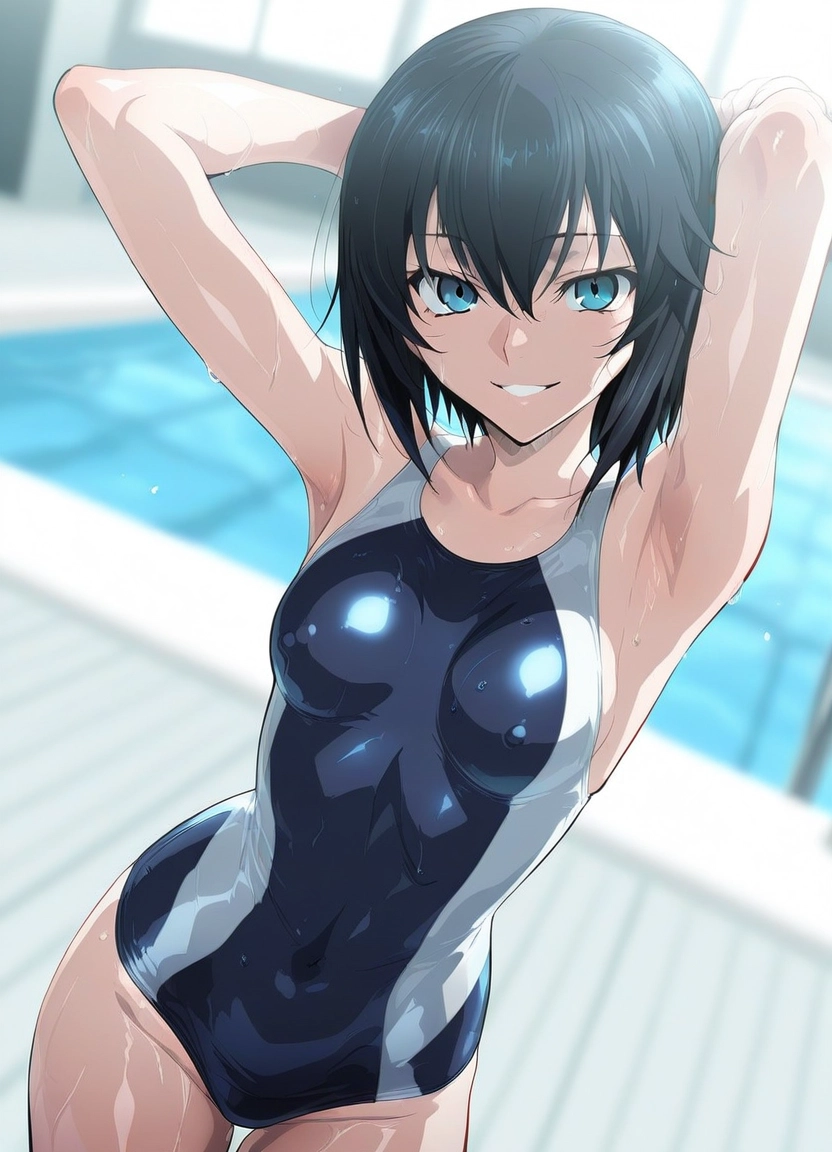 1girl, swimsuit, solo, one-piece swimsuit, breasts, black hair · Yamete.gg