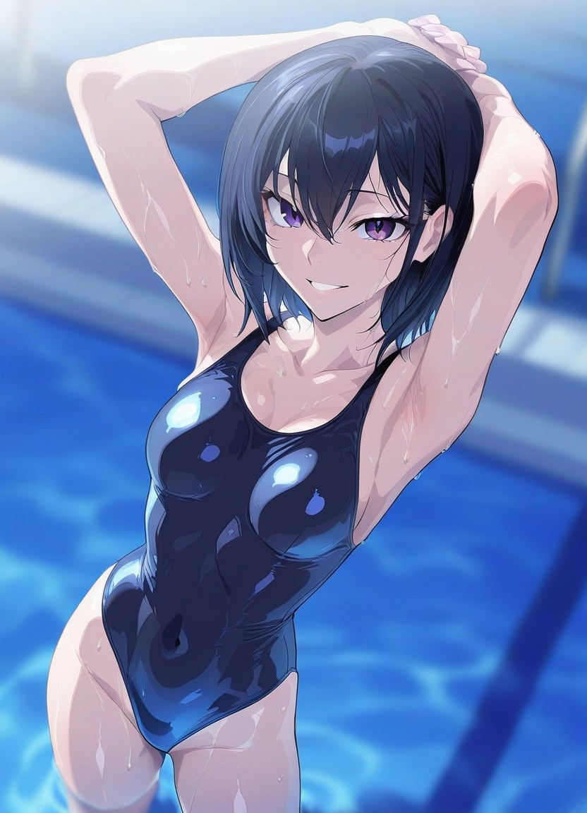 1girl, solo, swimsuit, one-piece swimsuit, purple eyes, breasts · Yamete.gg