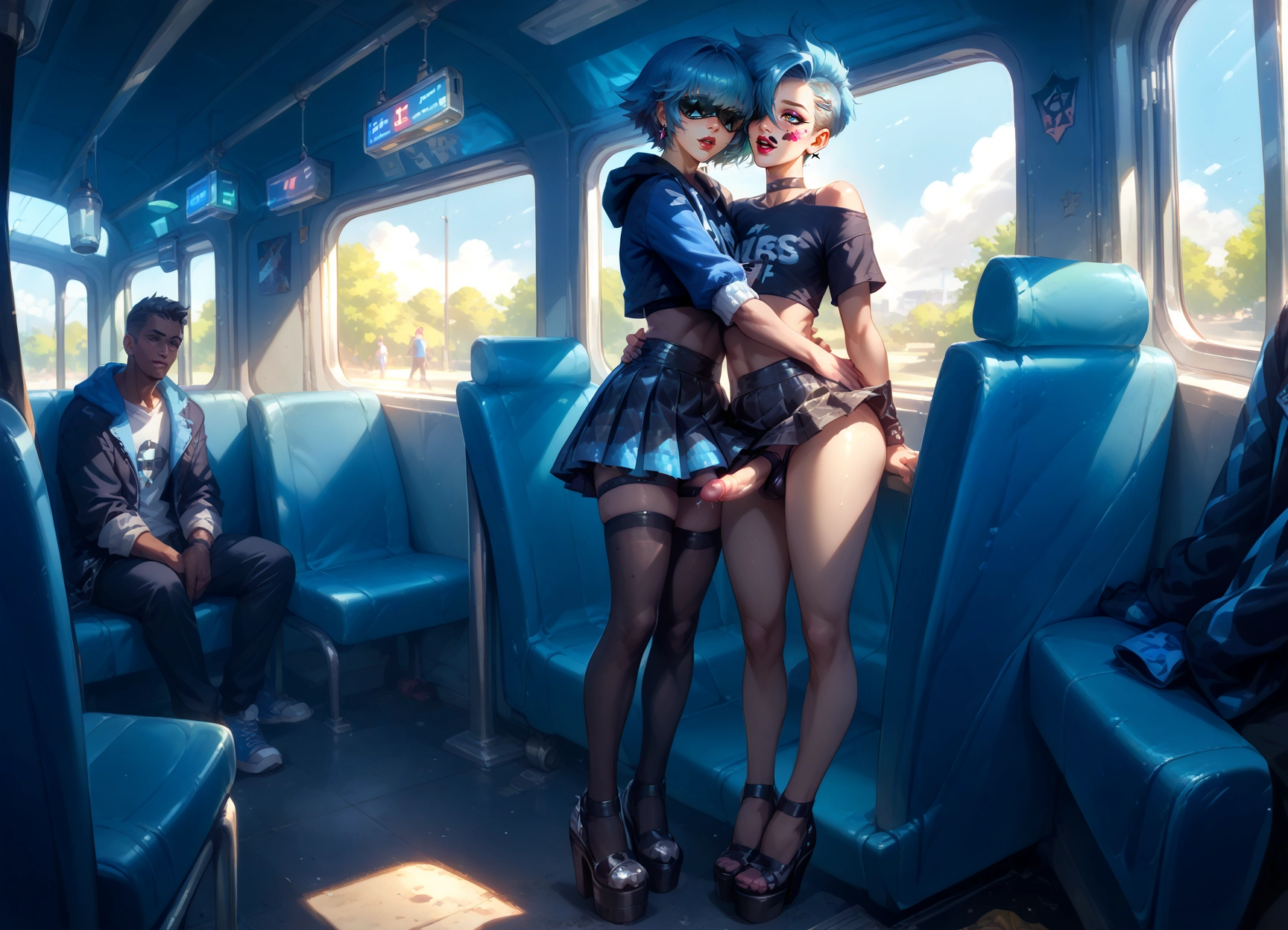 arm around waist, short hair, platform footwear, skirt, penis, thighhighs · Yamete.gg