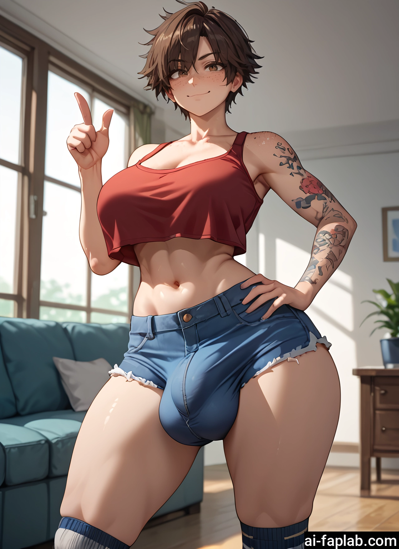 futanari, 1girl, breasts, shorts, bulge, tattoo · Yamete.gg