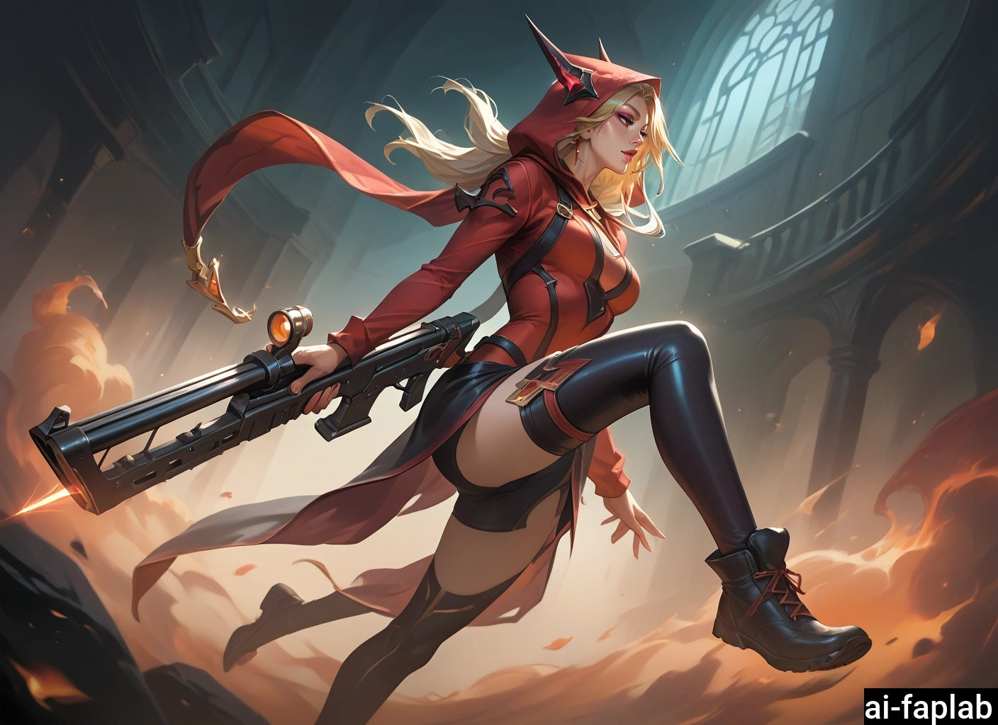 1girl, weapon, solo, gun, blonde hair, breasts