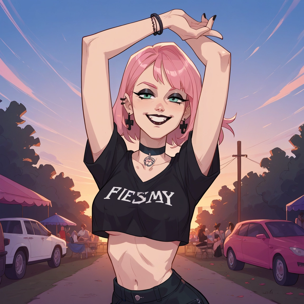 pink hair, breasts, jewelry, choker, motor vehicle, ground vehicle · Yamete.gg