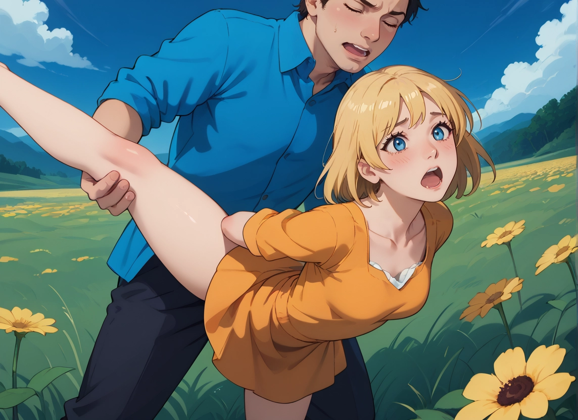 1girl, 1boy, outdoors, blue eyes, open mouth, blonde hair · Yamete.gg