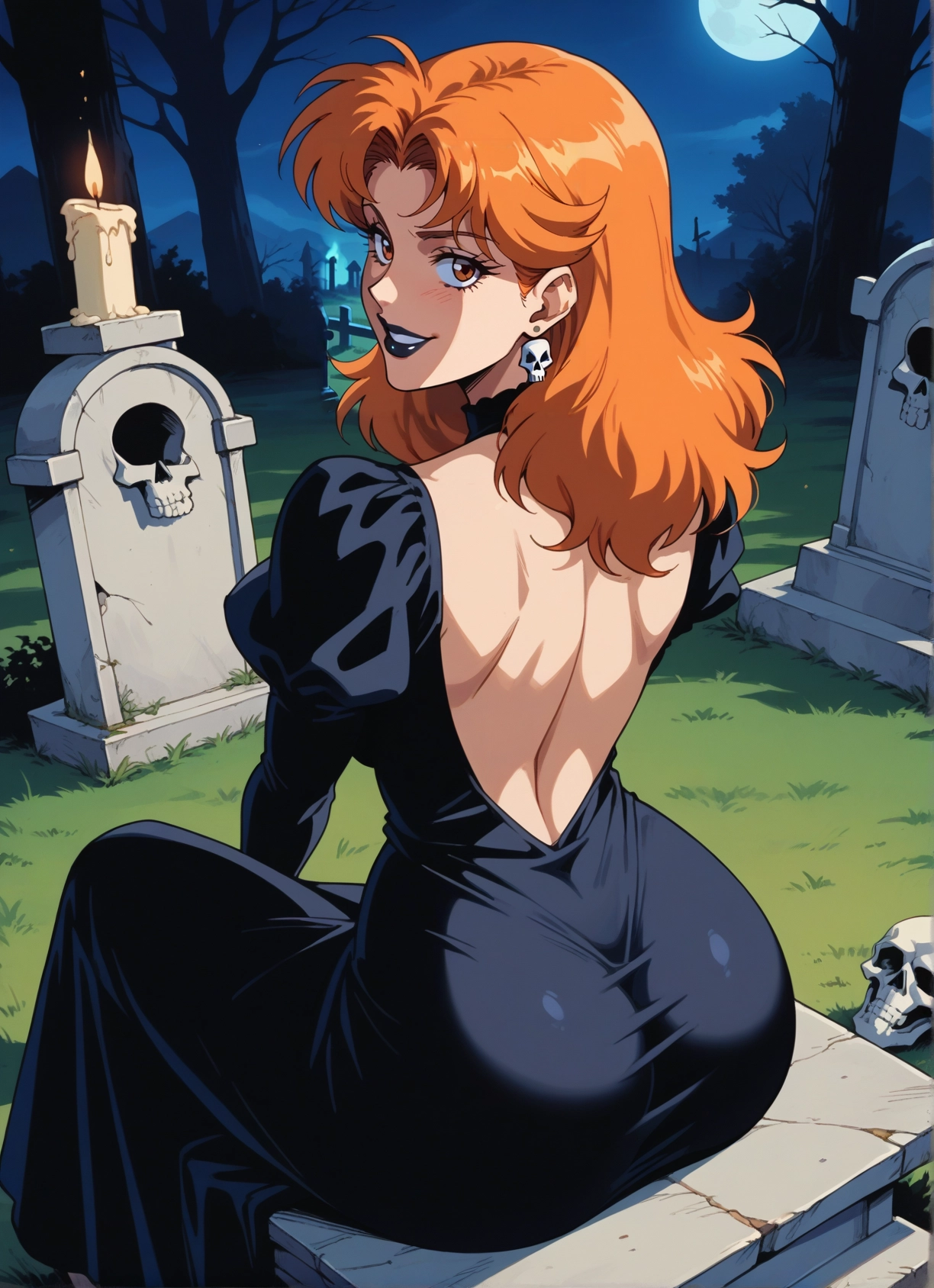 1girl, orange hair, dress, jewelry, earrings, solo