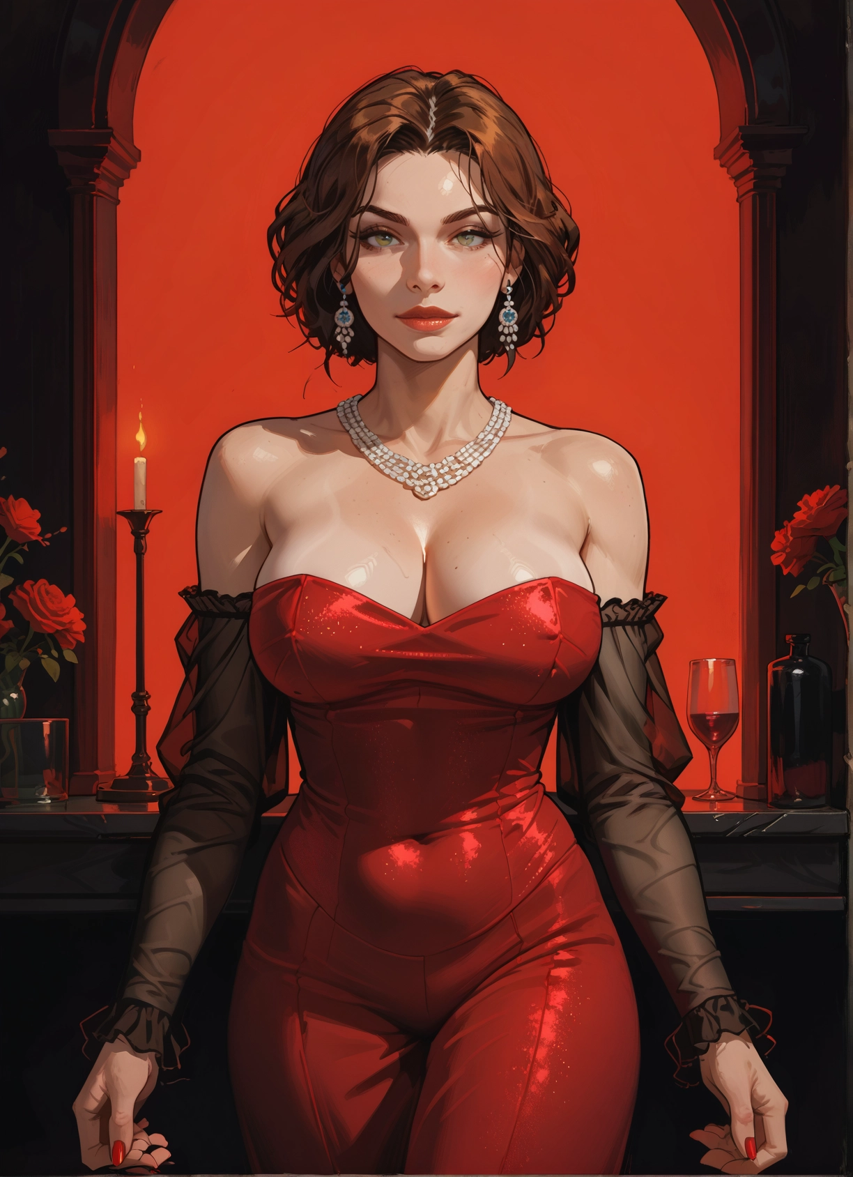 1girl, breasts, jewelry, earrings, dress, necklace · Yamete.gg