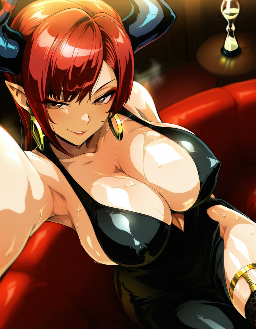 1girl, breasts, horns, solo, pointy ears, red hair · Yamete.gg
