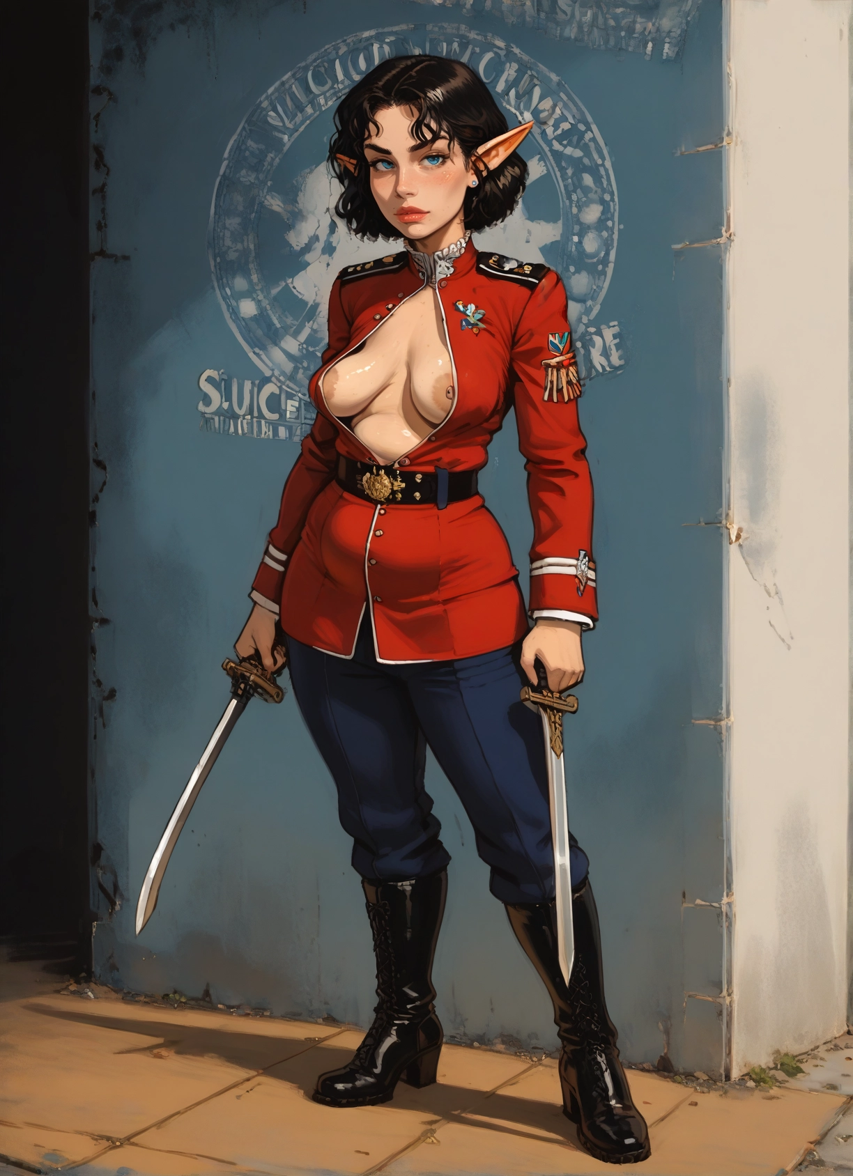 1girl, breasts, solo, pointy ears, weapon, boots · Yamete.gg