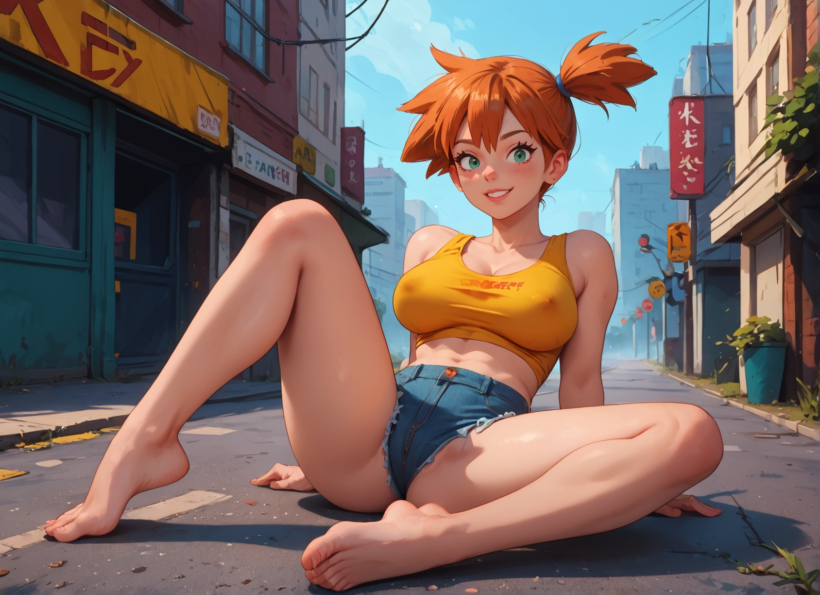 1girl, breasts, shorts, barefoot, orange hair, solo · Yamete.gg