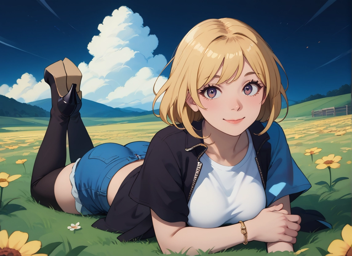 1girl, thighhighs, shorts, solo, flower, lying · Yamete.gg