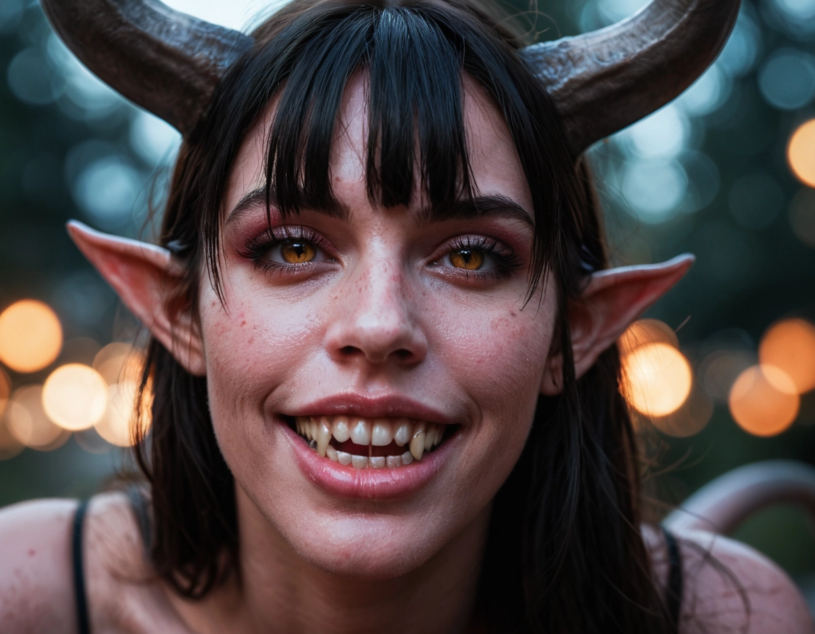 1girl, teeth, solo, horns, pointy ears, realistic · Yamete.gg
